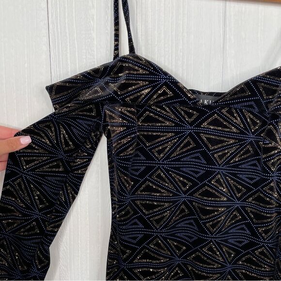 AKIRA Off Shoulder Mini Dress - Black/Gold/Blue - Picture 3 of 6